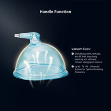 Vacuum cupping device with text on handle function and benefits on a black background