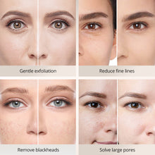 Before and after effects of skincare products on a person's face with text labels.
