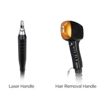 Two handles labeled 'Laser Handle' and 'Hair Removal Handle' on a white background