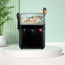 Black laser hair removal machine on a white platform with a light green background