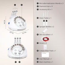 White microdermabrasion machine with components listed on a beige background