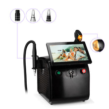 Black laser hair removal machine with attachments and screen displaying images on a white background