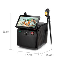 Black laser hair removal machine with a screen displaying people, dimensions indicated, on a white background.