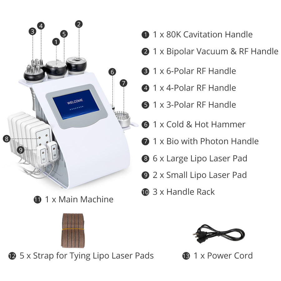 9 In 1 80k Cavitation Machine With RF Vacuum Laser Lipo Pads